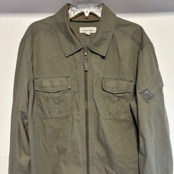 Calvin Klein L Khaki Green Utility Jacket Field Zip Collar Pocket Rugged Minimal - Picture 1 of 12